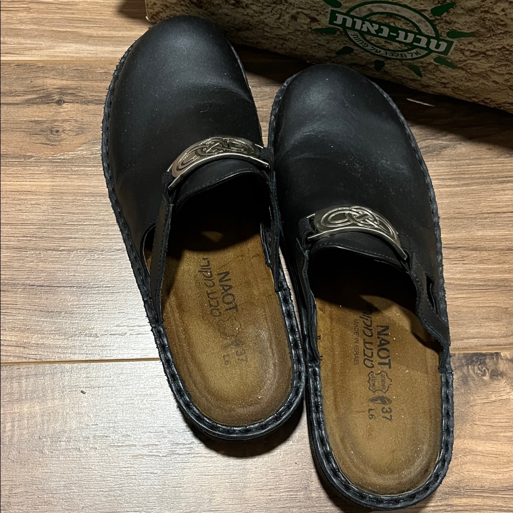 Naot Black Leather Clogs with Silver Buckle - Picture 3 of 4